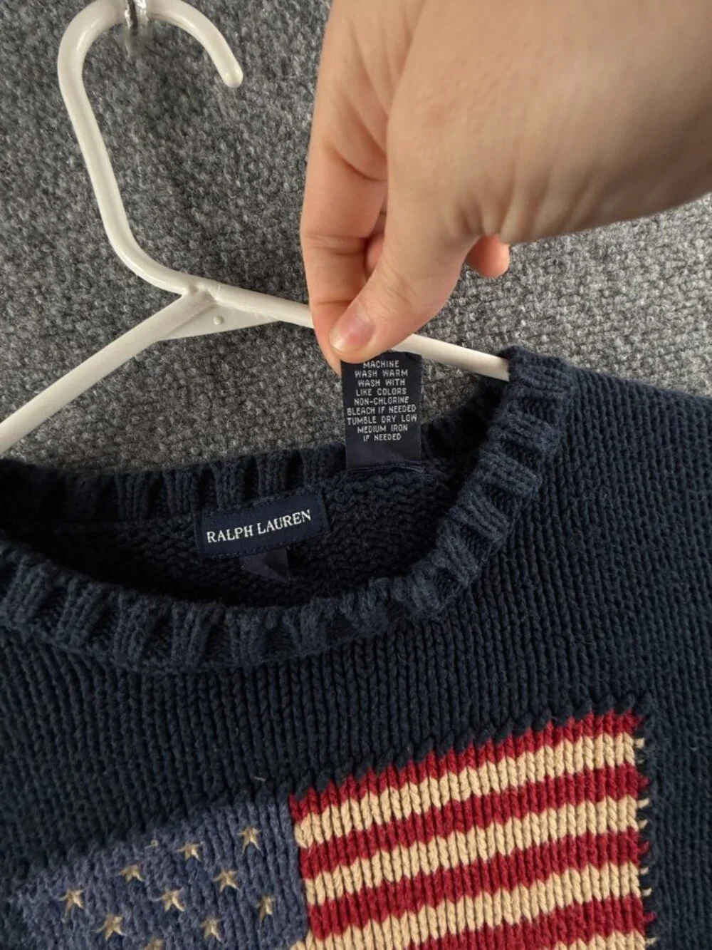 Ralph Lauren Boys Flag Sweater USA Large Cotton Japan Made Navy Blue Crew Neck